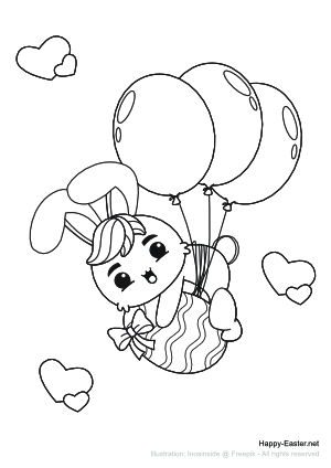 Osterhase fliegt mit Luftballons (free printable coloring page)