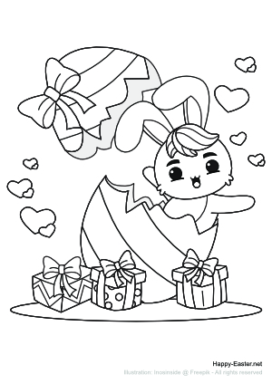 Ein lustiger Osterhase in einem Osterei (free printable coloring page)