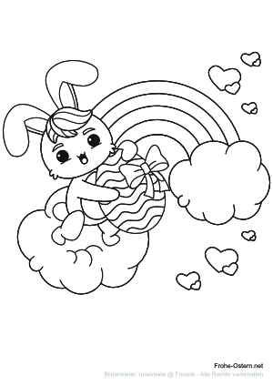 Osterhase vor einem Regenbogen (free printable coloring page)