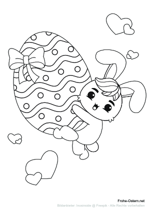 Hase hält ein großes Osterei (free printable coloring page)