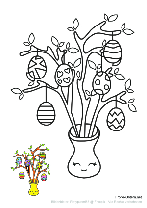 Osterbusch mit bemalten Eiern verziert (free printable coloring page)