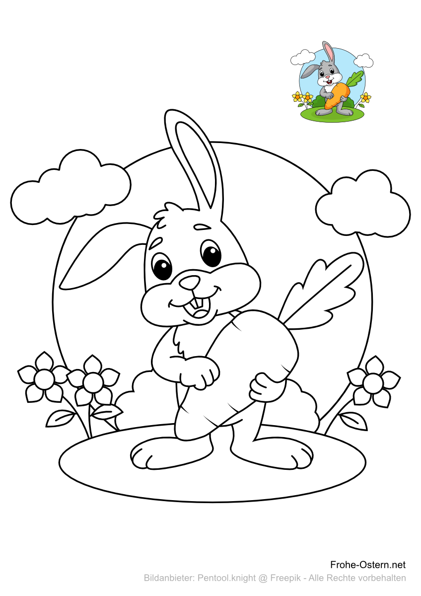 Osterhase mit einer großen Karotte (free printable coloring page)