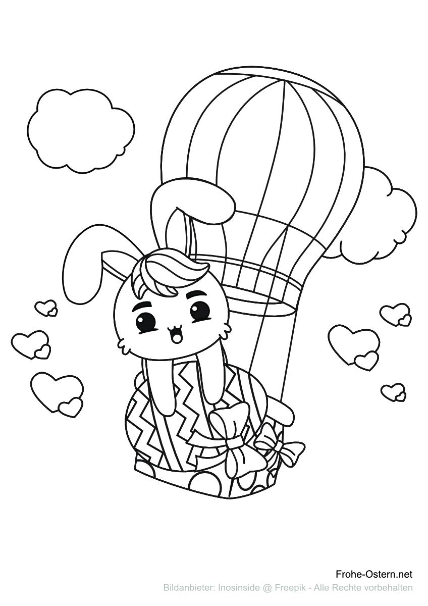 Ein Osterhase in einem Heißluftballon (free printable coloring page)