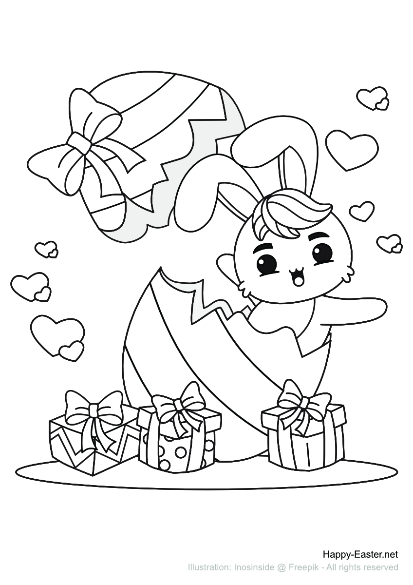 Ein lustiger Osterhase in einem Osterei (free printable coloring page)