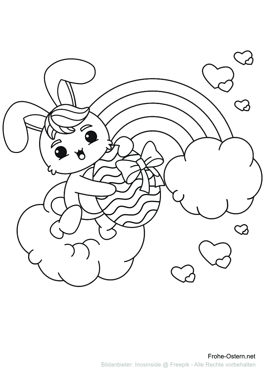 Osterhase vor einem Regenbogen (free printable coloring page)