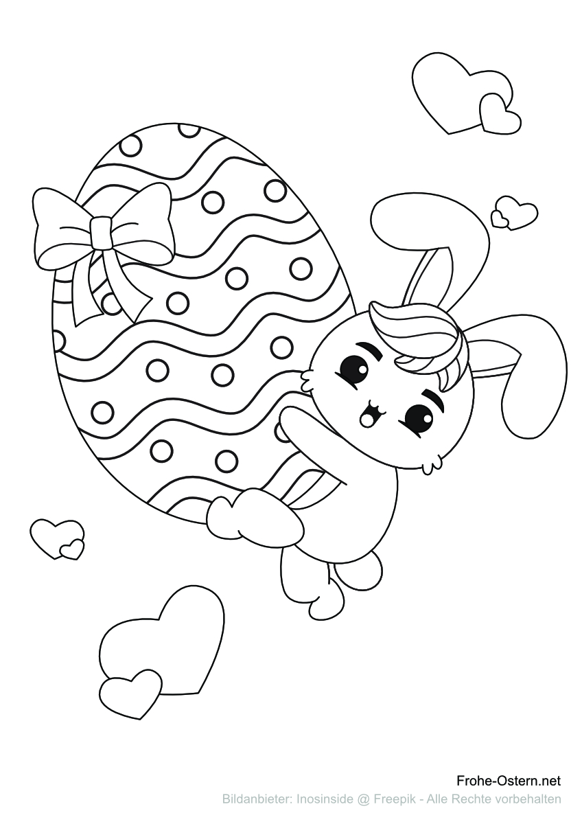 Hase hält ein großes Osterei (free printable coloring page)
